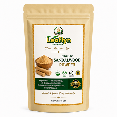 Leaflyn Organics Organic Sandalwood Powder in a 100g stand-up pouch, shown on a clean white background.