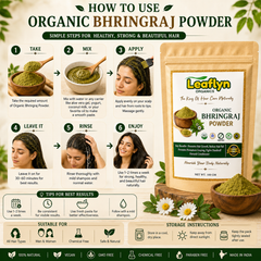 An infographic-style product image for Leaffyn Organics Organic Bhringraj Powder, showing a large product pouch on the right and six illustrated steps on the left for use instructions, plus icons for suitability and care tips. The design uses green, beige, and white with decorative leaves and bowls of green powder.