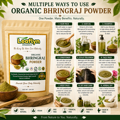 A product infographic for Leaflyn Organics Organic Bhringaj Powder. The image features a stand-up pouch of the green powder on the left, alongside illustrations of various hair care products like a hair oil bottle, shampoo bottle, conditioner bottle, and face pack on the right.