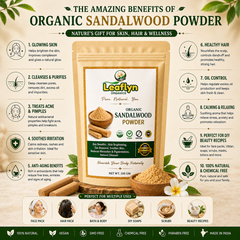 An infographic poster detailing the benefits of Leaflyn Organics Organic Sandalwood Powder, featuring text, icons, and a small wooden bowl of the powder on a white background.