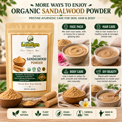Leaflyn Organic Sandalwood Powder in a resealable pouch, shown with bowls of the powder and text callouts explaining uses like face pack, hair care, body care, and DIY beauty. The layout is a promotional infographic on a light beige background with decorative leaves.